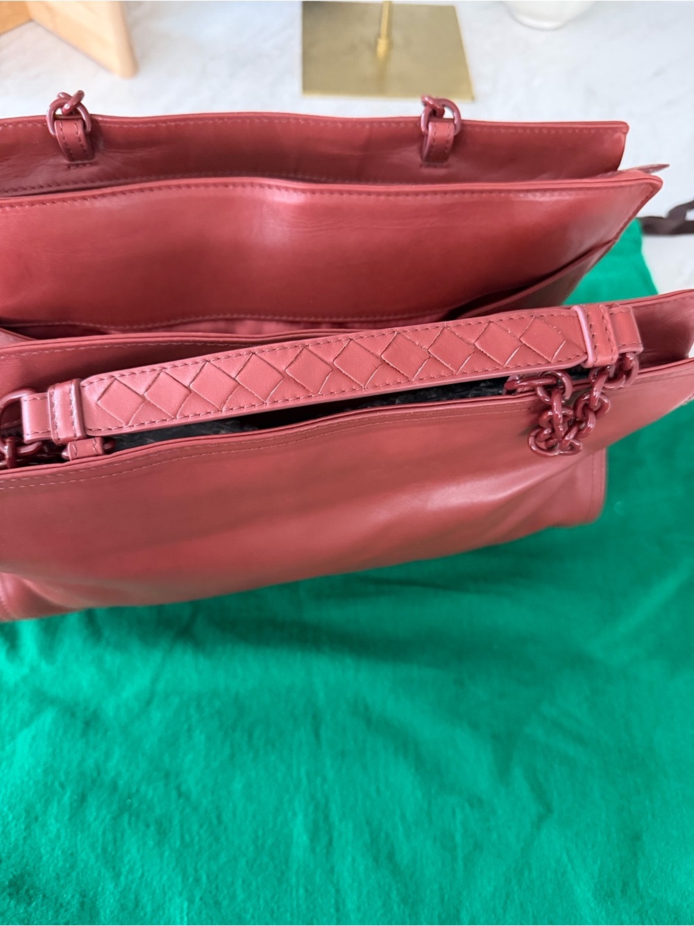 Women's Red Leather Tote Bag with Chain Handles